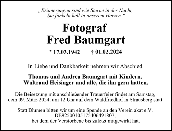 Traueranzeige von Fred Baumgart von Berliner Morgenpost