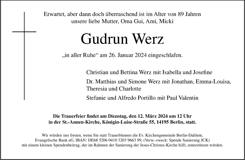 Traueranzeige für Gudrun Werz vom 11.02.2024 aus Berliner Morgenpost