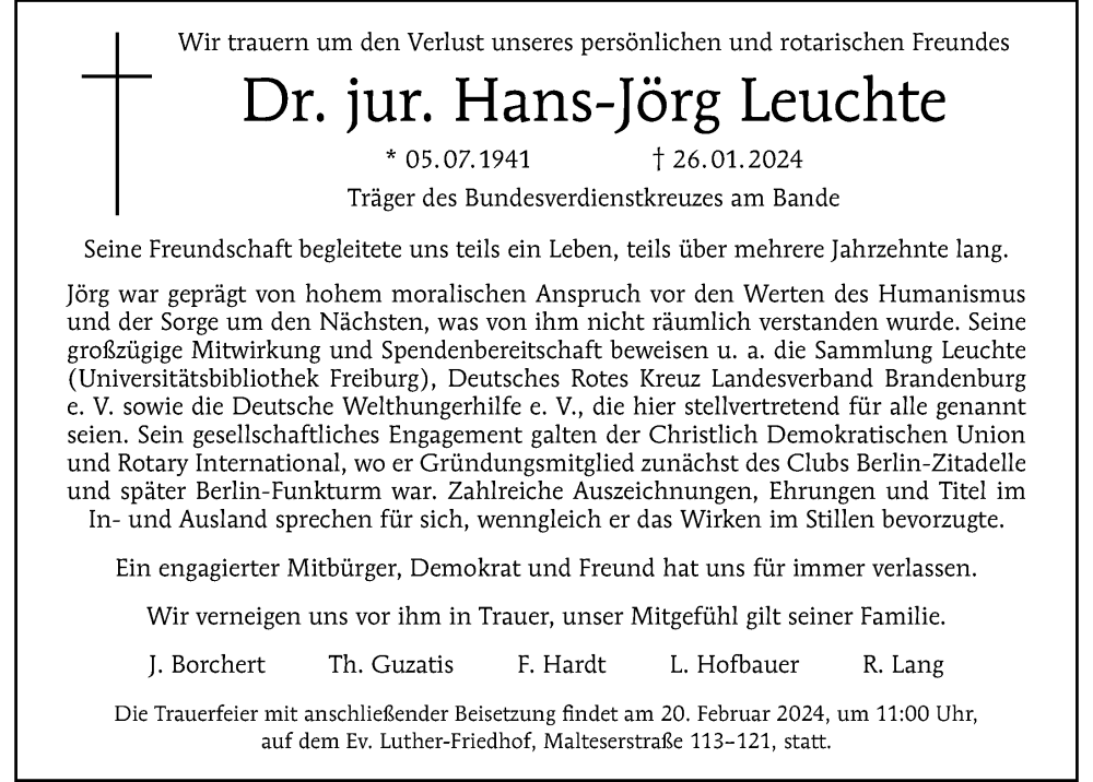  Traueranzeige für Hans-Jörg Leuchte vom 11.02.2024 aus Berliner Morgenpost