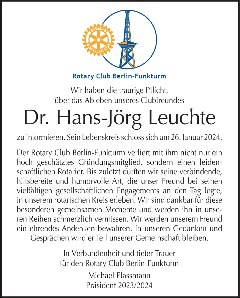  Traueranzeige für Hans-Jörg Leuchte vom 11.02.2024 aus Berliner Morgenpost