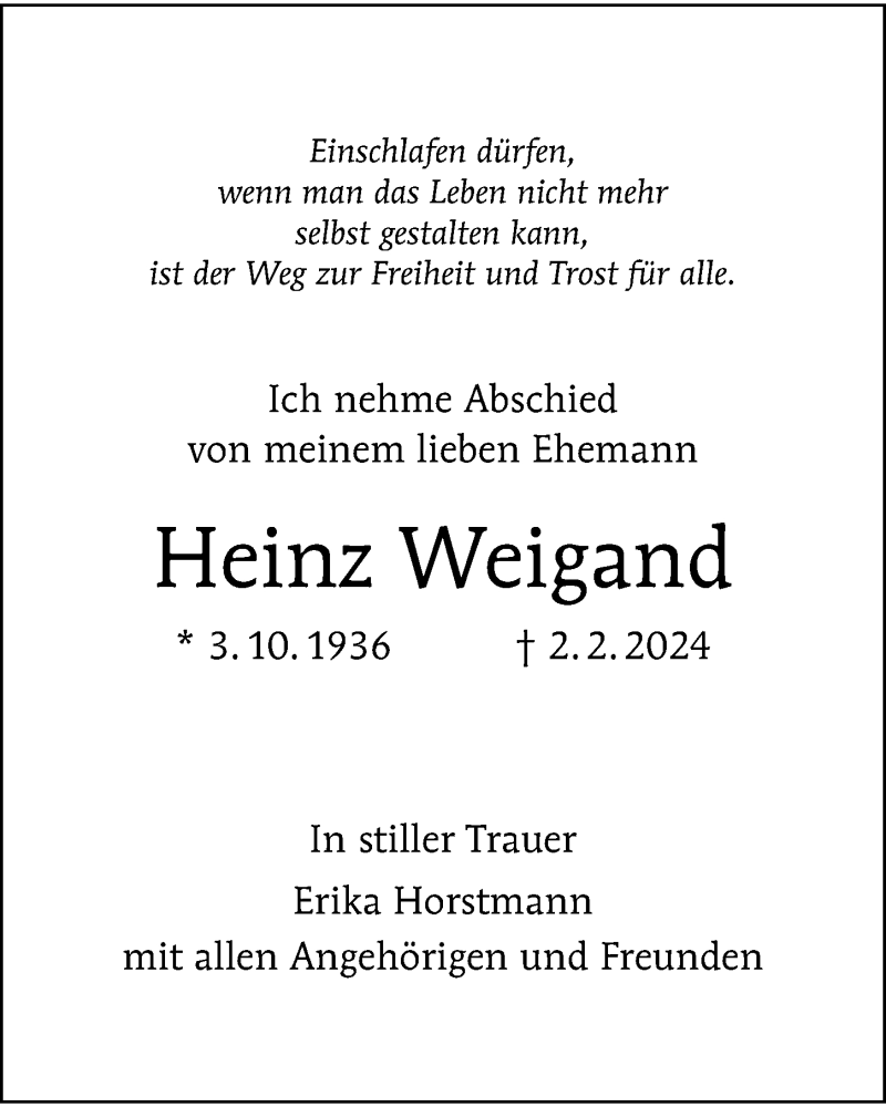  Traueranzeige für Heinz Weigand vom 11.02.2024 aus Berliner Morgenpost