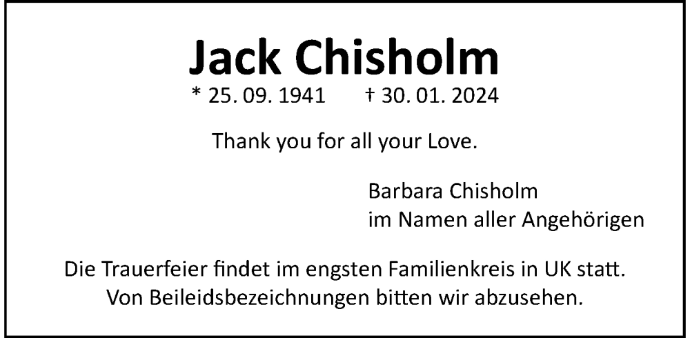  Traueranzeige für Jack Chisholm vom 11.02.2024 aus Berliner Morgenpost