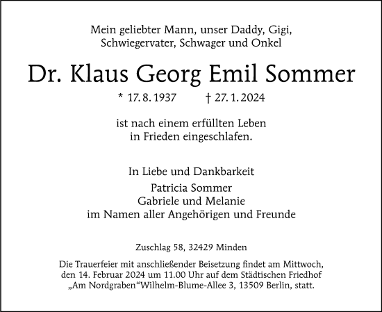 Traueranzeige von Klaus Georg Emil Sommer von Berliner Morgenpost
