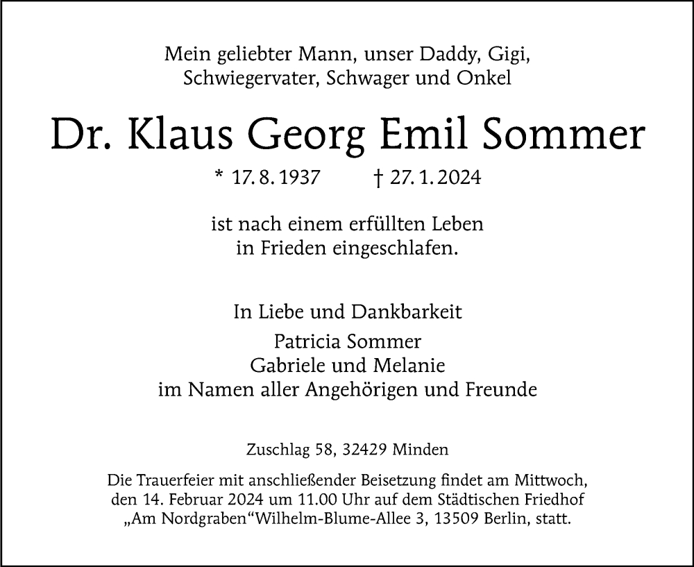 Traueranzeige für Klaus Georg Emil Sommer vom 04.02.2024 aus Berliner Morgenpost