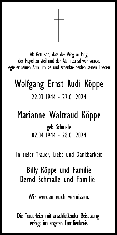  Traueranzeige für Marianne Waltraud Köppe vom 11.02.2024 aus Berliner Morgenpost