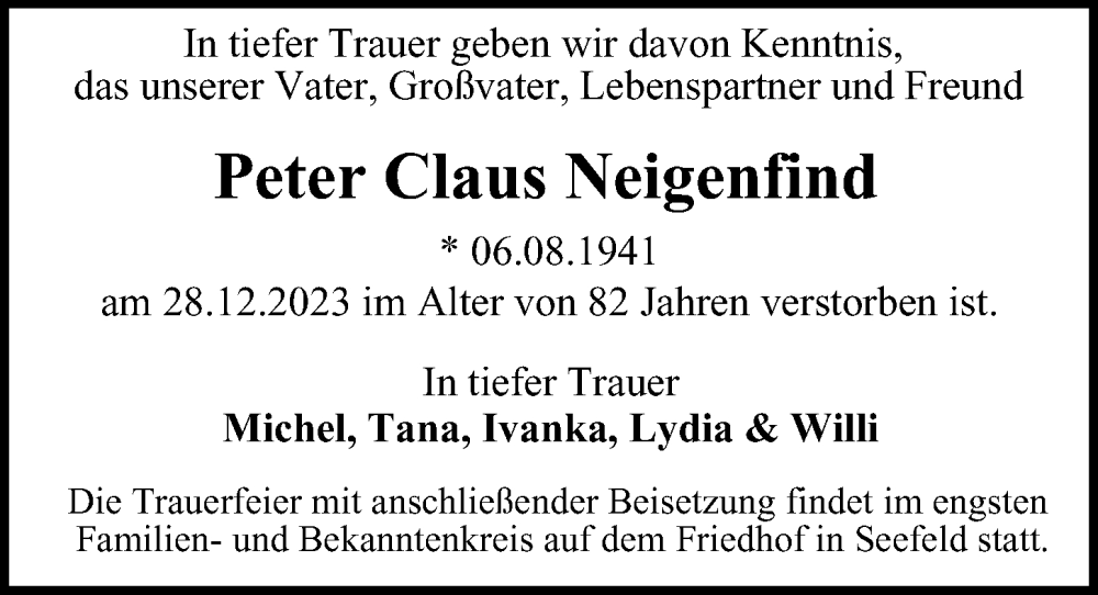  Traueranzeige für Peter Claus Neigenfind vom 11.02.2024 aus Berliner Morgenpost