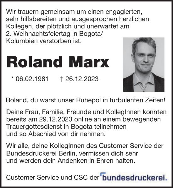 Traueranzeige von Roland Marx von Berliner Morgenpost