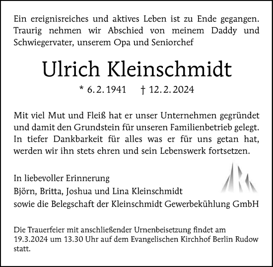 Traueranzeige von Ulrich Kleinschmidt von Berliner Morgenpost