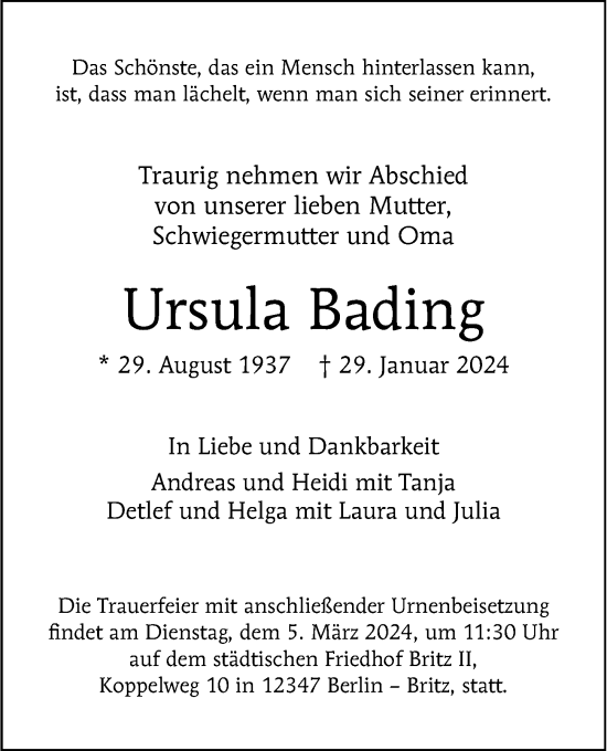 Traueranzeige von Ursula Bading von Berliner Morgenpost