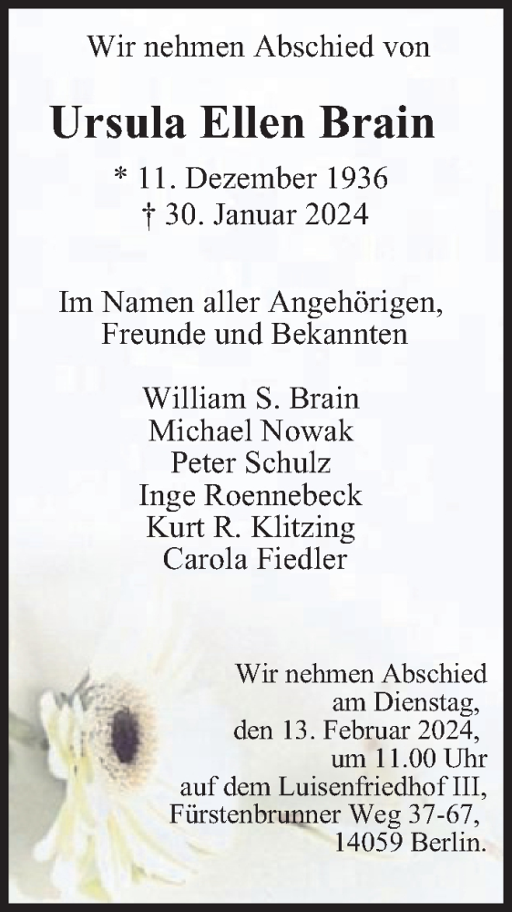  Traueranzeige für Ursula Ellen Brain vom 04.02.2024 aus Berliner Morgenpost