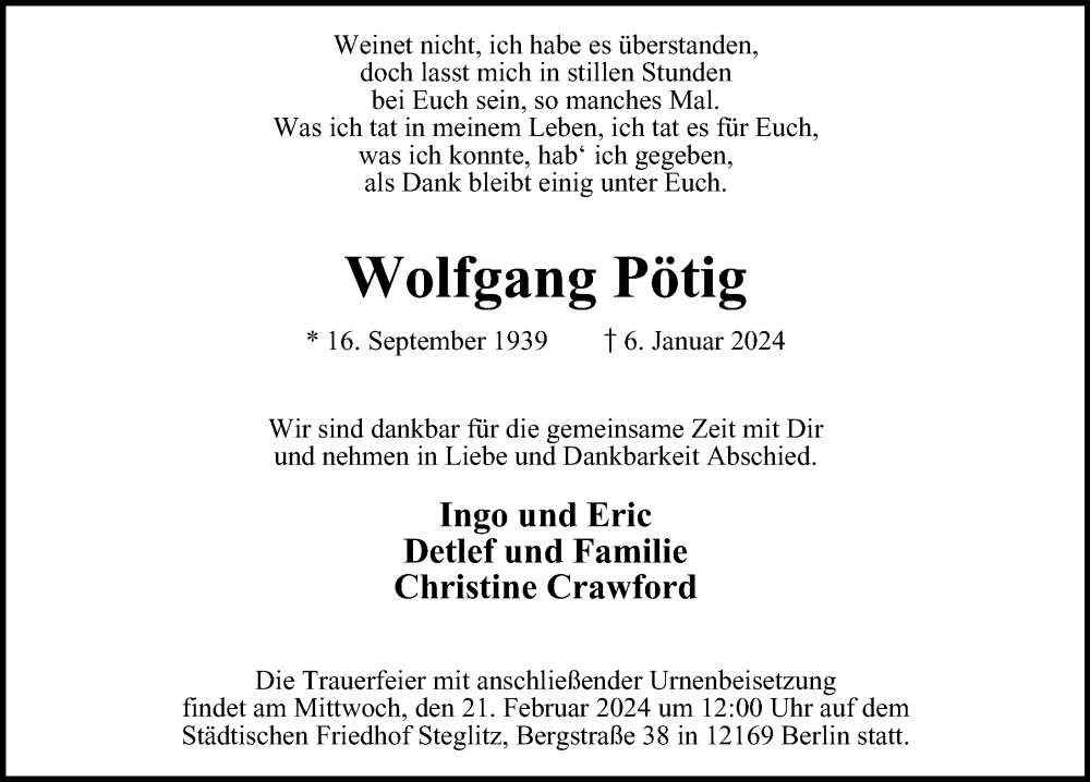  Traueranzeige für Wolfgang Pötig vom 11.02.2024 aus Berliner Morgenpost