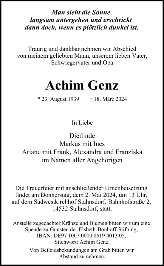 Traueranzeige von Achim Genz von Berliner Morgenpost