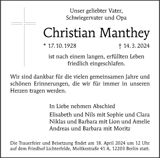 Traueranzeige von Christian Manthey von Berliner Morgenpost