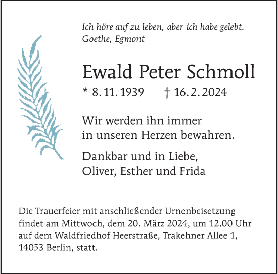 Traueranzeige von Ewald Peter Schmoll von Berliner Morgenpost