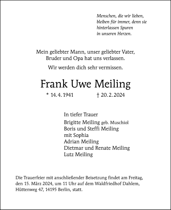 Traueranzeige von Frank Uwe Meiling von Berliner Morgenpost