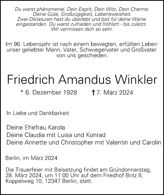 Traueranzeige von Friedrich Amandus Winkler von Berliner Morgenpost