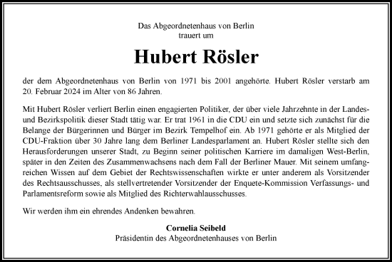 Traueranzeige von Hubert Rösler von Berliner Morgenpost