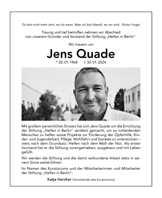 Traueranzeige von Jens Quade von Berliner Morgenpost