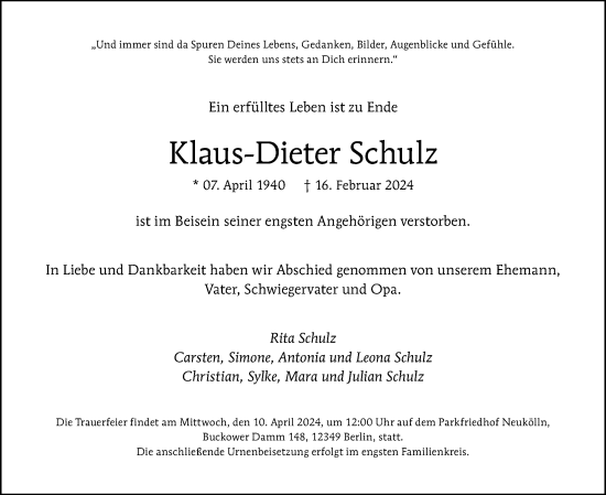 Traueranzeige von Klaus-Dieter Schulz von Berliner Morgenpost