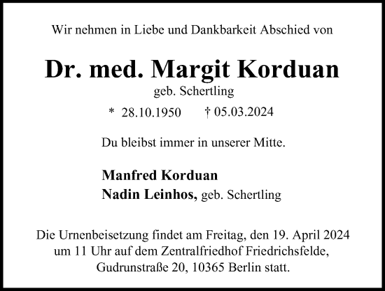 Traueranzeige von Margit Korduan von Berliner Morgenpost