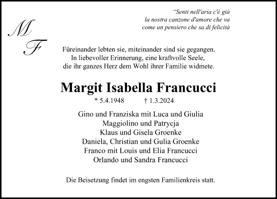 Traueranzeige von Margit Isabella Francucci von Berliner Morgenpost