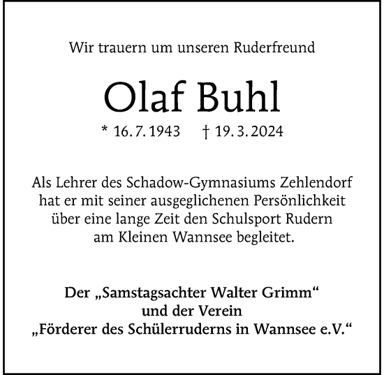 Traueranzeige von Olaf Buhl von Berliner Morgenpost