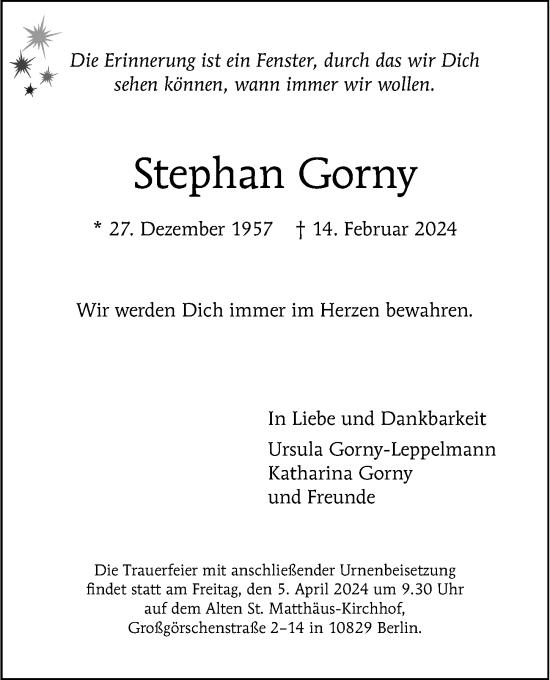 Traueranzeige von Stephan Gorny von Berliner Morgenpost