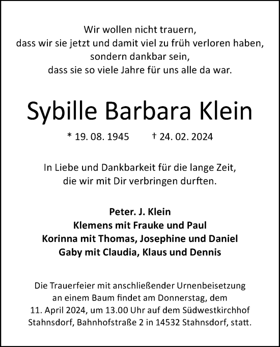 Traueranzeige von Sybille Barbara Klein von Berliner Morgenpost