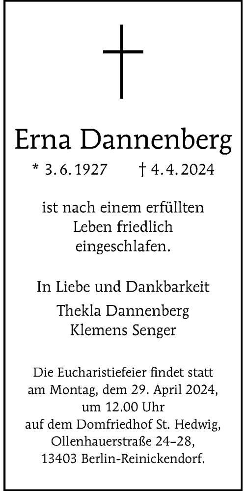 Traueranzeige von Erna Dannenberg von Berliner Morgenpost
