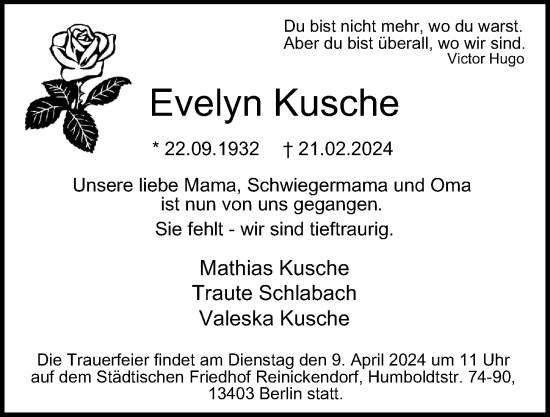 Traueranzeige von Evelyn Kusche von Berliner Morgenpost