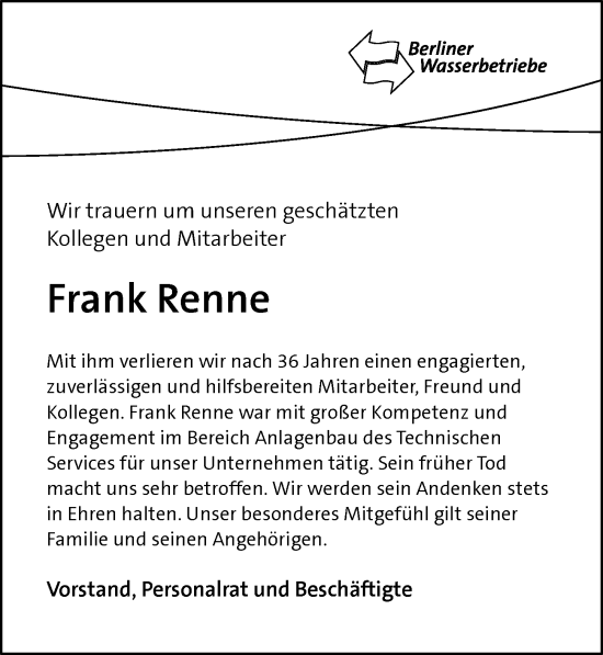 Traueranzeige von Frank Renne von Berliner Morgenpost