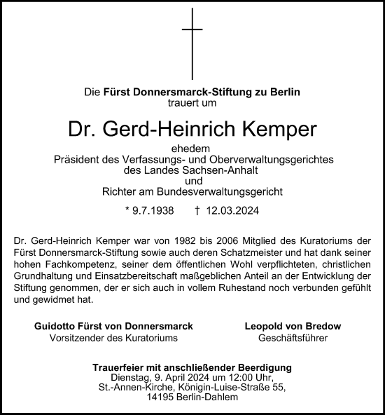 Traueranzeige von Gerd-Heinrich Kemper von Berliner Morgenpost