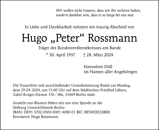 Traueranzeige von Hugo Rossmann von Berliner Morgenpost