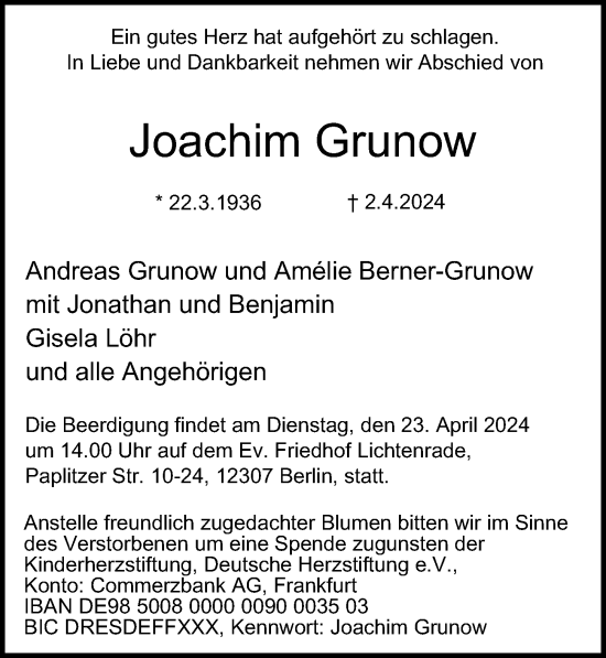 Traueranzeige von Joachim Grunow von Berliner Morgenpost