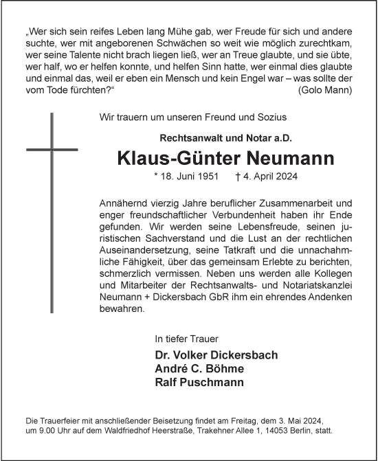 Traueranzeige von Klaus-Günter Neumann von Berliner Morgenpost