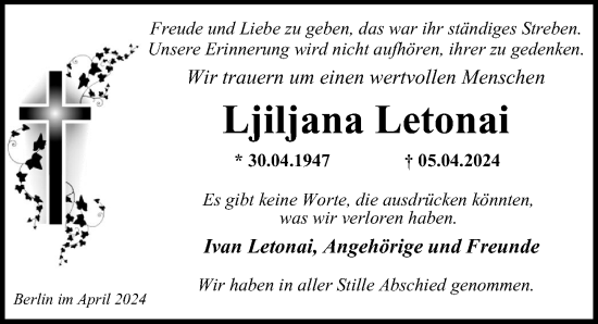 Traueranzeige von Ljiljana Letonai von Berliner Morgenpost