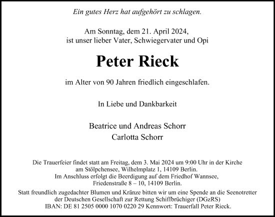 Traueranzeige von Peter Rieck von Berliner Morgenpost