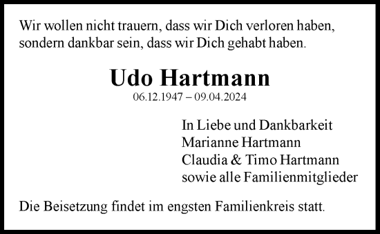 Traueranzeige von Udo Hartmann 