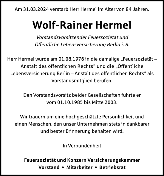 Traueranzeige von Wolf-Rainer Hermel von Berliner Morgenpost