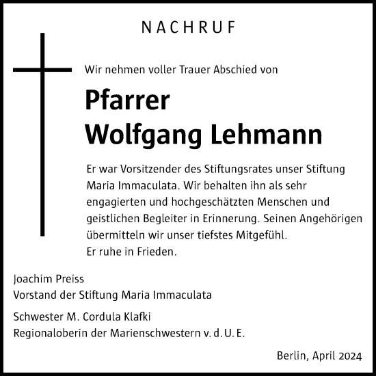 Traueranzeige von Wolfgang Lehmann von Berliner Morgenpost