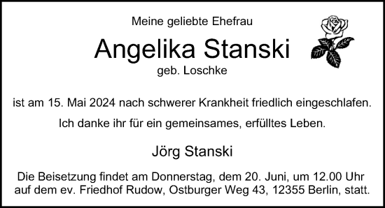 Traueranzeige von Angelika Stanski von Berliner Morgenpost