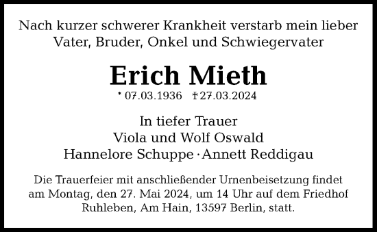 Traueranzeige von Erich Mieth 