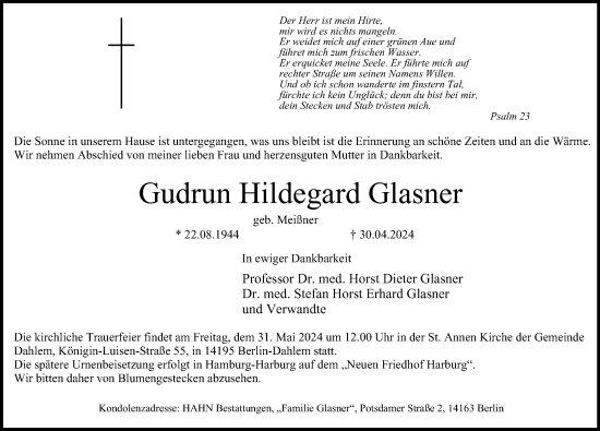 Traueranzeige von Gudrun Hildegard Glasner von Berliner Morgenpost