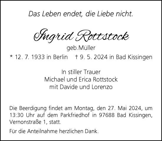 Traueranzeige von Ingrid Rottstock von Berliner Morgenpost