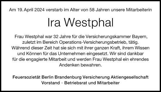 Traueranzeige von Ira Westphal von Berliner Morgenpost