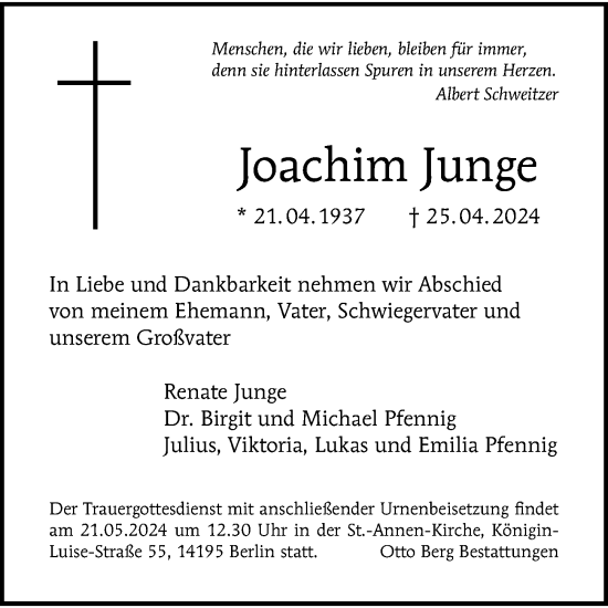 Traueranzeige von Joachim Junge von Berliner Morgenpost