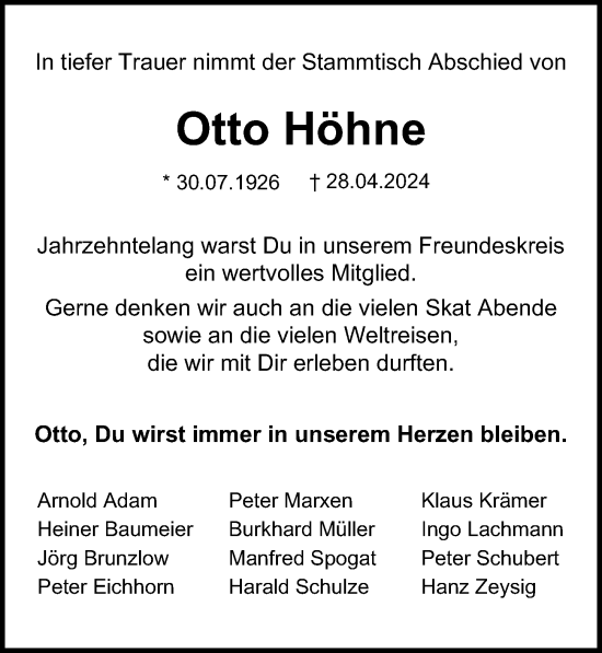 Traueranzeige von Otto Höhne von Berliner Morgenpost