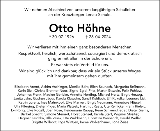 Traueranzeige von Otto Höhne von Berliner Morgenpost