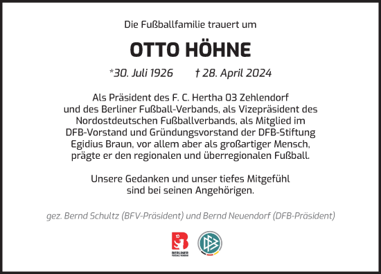 Traueranzeige von Otto Höhne von Berliner Morgenpost