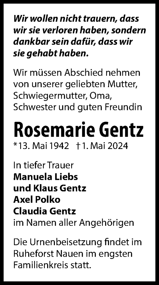 Traueranzeige von Rosemarie Gentz 